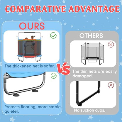 Trampoline for Kids, 55" Indoor & Outdoor Toddler Trampoline, Anti-Rollover Bottom Kids Toys with Adjustable Gymnastics Bars, Toddler Swing, Basketball Hoop - color: RedBlue