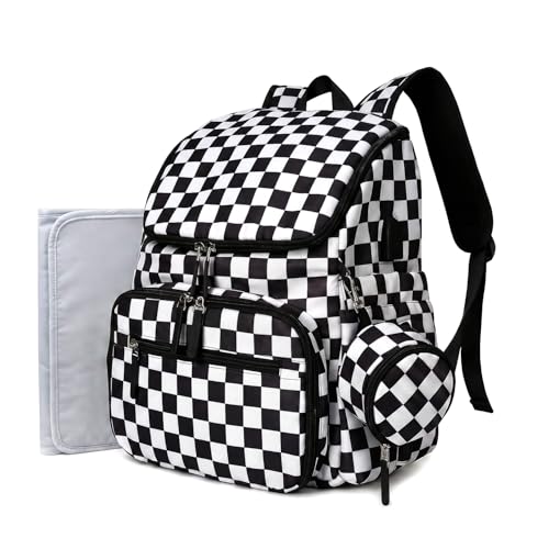 FHELAD Checkered Diaper Bag Backpack with Changing Pad & Stroller Clips, Large Travel Baby Diaper Bag for Newborn Moms, Baby Shower Gifts (Obsidian Black) - color: Obsidian Black