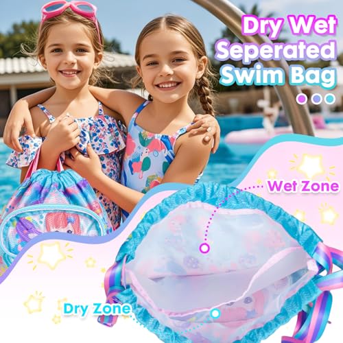 Drawstring Backpack for Kids Girls, Cute Cartoon Mermaid Waterproof Drawstring Bag String Swim Gym Sports Beach Bag with Shoes & Sunglasses Compartment and Wet Proof Pocket - color: J14. Mermaid
