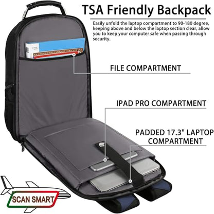 17.3 Laptop Backpack for Men Women, Extra Large Travel laptop Backpack with Rain Cover, TSA Friendly Flight Approved with RFID Anti Theft Pocket, Water Resistant School BookBag - color: Black-blue, size: 17inch(19.0 *14.6*10")