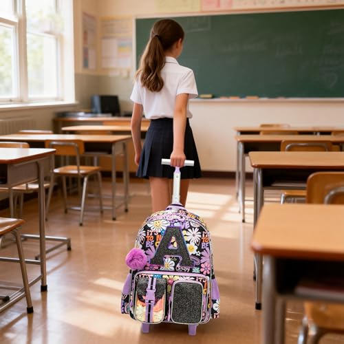 Meetbelify 3 in 1 Backpack with Wheels for Girls Rolling Letter Backpack Cute Carry on Backpack Kids Luggage with Lunch Box Pencil Case for Elementary Student - color: Flower