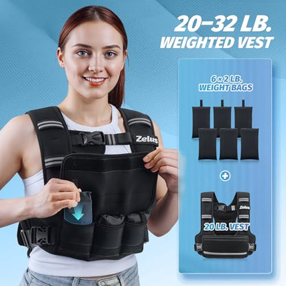 ZELUS Adjustable Weighted Vest for Women, Curve-Fit Ergonomic Workout Vest with 6 Removable Iron Sand Bags for Walking, Cardio & Strength Training, Available in 4–10 lb, 11–20 lb & 20–32 lb Options - size: 20-32LB