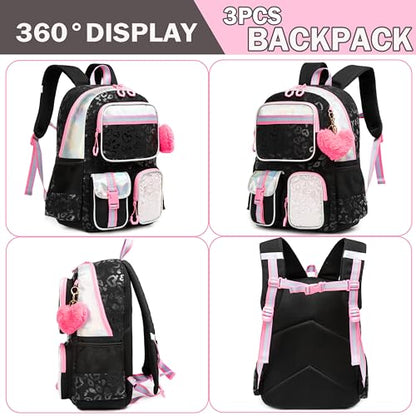 Meetbelify Aesthetic Backpack for Girls with Lunch Box - Elementary to Teen, Cute Bookbag for Kids 8-10 - color: 3pcs Black Love