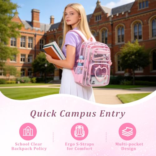 Clear Backpack for School Girls, Cute Heavy Duty PVC Transparent Bookbag, See-Through Bag for Stadium Event Pink - color: Pink