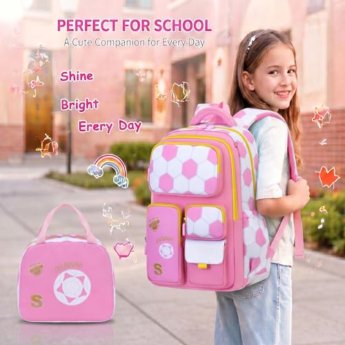 3PCS Kids Backpack Set, School Backpack with Lunch Bag & Pencil Case, Lightweight Waterproof Bookbag for Kids (Pink soccer) - color: Pink Soccer