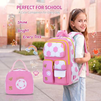 3PCS Kids Backpack Set, School Backpack with Lunch Bag & Pencil Case, Lightweight Waterproof Bookbag for Kids (Pink soccer) - color: Pink Soccer