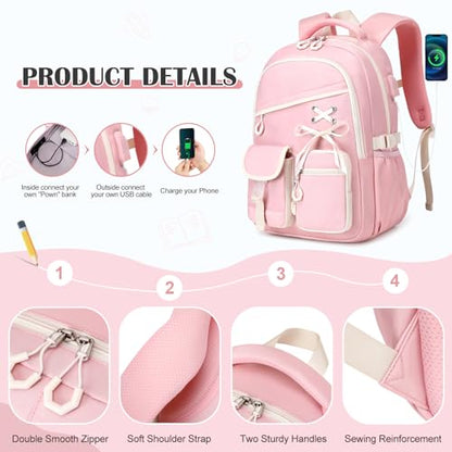 DIGOBAY Backpacks for Girls - 3PCS Girls Backpack with Lunch Box & Pencil Pouch School Backpacks for Elementary Middle High College School Bookbag for Teen Girl Kids Students Pink - color: Pinkbeige