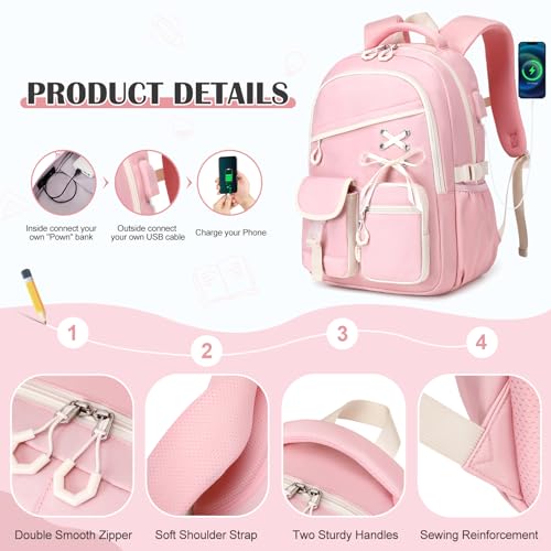 DIGOBAY Backpacks for Girls - 3PCS Girls Backpack with Lunch Box & Pencil Pouch School Backpacks for Elementary Middle High College School Bookbag for Teen Girl Kids Students Pink - color: Pinkbeige