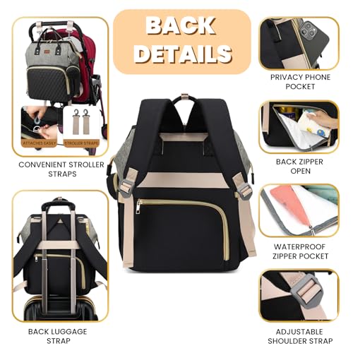 ROSEGIN Diaper Bag Backpack with Changing Pad, Pacifier Case, Baby Bag for Boy Girl Toddler - Large, Stylish, Waterproof Travel Quilted Diaper Bag for Mom - Baby Shower - Black Grey - color: Black/Gray
