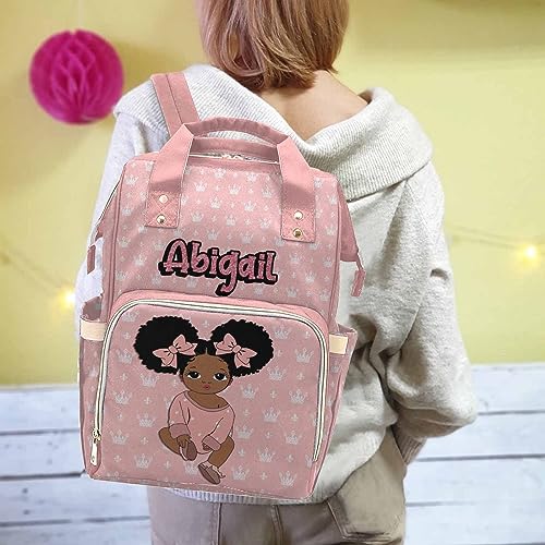 Newcos Personalized Crown Print Diaper Bag with Name Custom Africa Black Women Nappy Bags Travel Casual Mummy Backpack for Mom Women Pink - color: 230112-2