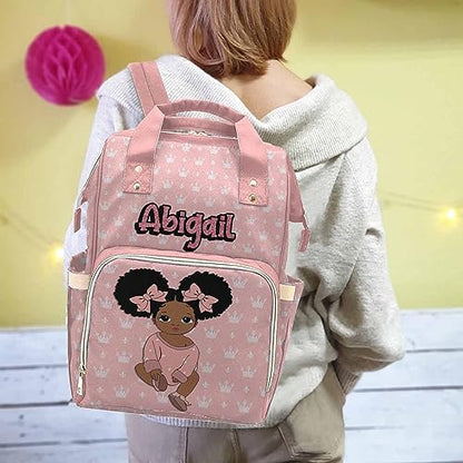 Newcos Personalized Crown Print Diaper Bag with Name Custom Africa Black Women Nappy Bags Travel Casual Mummy Backpack for Mom Women Pink - color: 230112-2