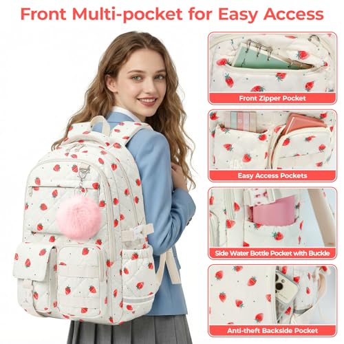 Quilted Backpack for Teen Girls, Cute Strawberry School Backpack with Multi-Pocket Design, Lightweight Cotton Bookbag Fits 15.6" Laptop, Large Capacity Aesthetic Backpack with Plush Charm - color: Strawberry
