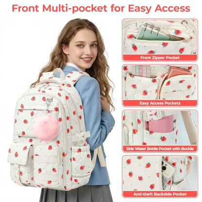 Quilted Backpack for Teen Girls, Cute Strawberry School Backpack with Multi-Pocket Design, Lightweight Cotton Bookbag Fits 15.6" Laptop, Large Capacity Aesthetic Backpack with Plush Charm - color: Strawberry