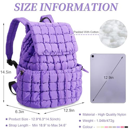 IzuztA Quilted Puffer Backpack for Women, Lightweight Soft Nylon Quilted Hiker Pack Top Flap Drawstring Backpack, Trendy Puffy Padding Gym Travel Bag for Casual Daypack Hiking Sport (Purple) - color: Purple