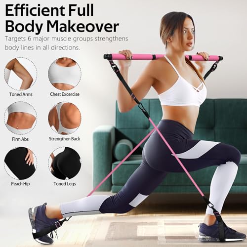 Pilates Bar Kit with Resistance Bands, Multifunctional Pilates Bar for Women & Men with Heavy-Duty Metal Adjustment Buckle, Pilates Home Equipment for Full BodyWorkouts - color: Pink