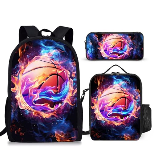 Basketball Backpack Set for School,17 Inch Casual School Bags with Lunch Box, Kids Daypack Bags and Pencil Case Set for Teens Boys Men Students - color: Basketball