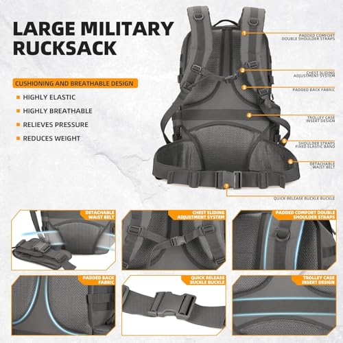 50L Military Tactical Backpack 3 Day Assault Pack Molle Daypack Hiking Backpack for Men and Women - color: Gray
