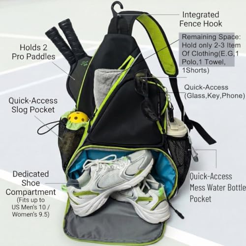 Pickleball Sling Bag with Shoe Compartment - Crossbody Backpack Fits 2 Paddles, 32oz Bottle & Fence Hook, Sports Bag for Men & Women (Shoe Limit: up to US Men's 10 / Women's 11.5) - color: Black/Neon Green