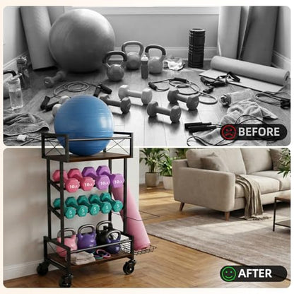 4 Tier Home Gym Storage Rack with Wheels, Yoga Mat Rack Small Dumbbell Weight Rack, Multi-Functional Wood Metal Gym Equipment Storage Rack Workout Cart for Women Kettlebell Fitness Organizer