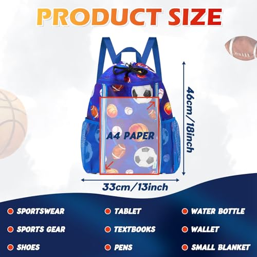 WAWSAM Kids Gym Drawstring Backpack String Bag, Ball Sports Gym Bag for Kids Boys Waterproof Swimming Beach String Cinch Backpack with Two Water Bottle Pocket - color: Ball