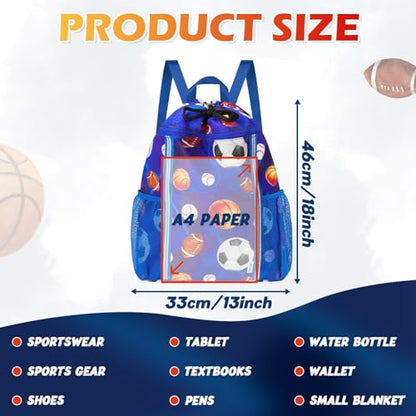 WAWSAM Kids Gym Drawstring Backpack String Bag, Ball Sports Gym Bag for Kids Boys Waterproof Swimming Beach String Cinch Backpack with Two Water Bottle Pocket - color: Ball