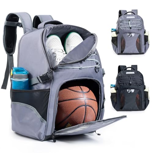 Basketball Bag Backpack with Ball Compartment & Shoe Pocket – Gym Bag for Basketball, Soccer, Football, Volleyball – Large Capacity Athletic Backpack for Youth & Adults, Basketball Gifts - color: Grey