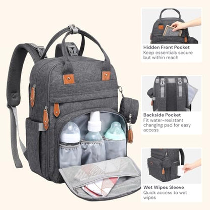 BabbleRoo Diaper Bag Backpack - Baby Essentials Travel Tote - Multi Function Water Resistant Diaper Bag, Travel Essentials Baby Bag with Changing Pad, Stroller Straps & Pacifier Case - Dark Gray - color: Dark Gray, size: Large