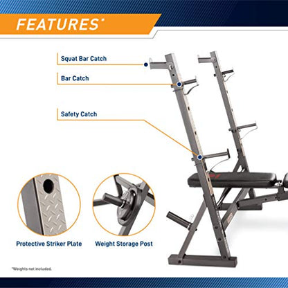 Marcy Olympic Workout Bench for Home Gym Strength Training Equipment with Preacher Curl Pad and Weight Rack Storage, White/Black - style: Standard