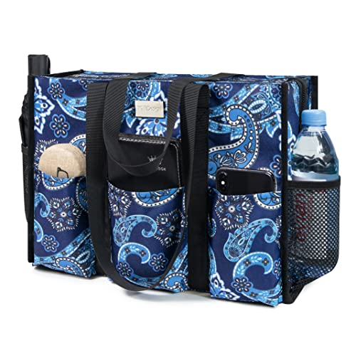TOPDesign Utility Water Resistant Tote Bag with 13 Pockets, Top Zipper Closure & Thick Bottom Support, for Working Women - color: Blue Bandanna, size: Large