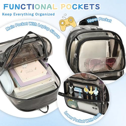 Sisipoet Clear Backpack for Girls, Heavy Duty PVC Transparent Bookbag for School, Classic Casual Kids Backpacks, Smokey - color: Black and Gray