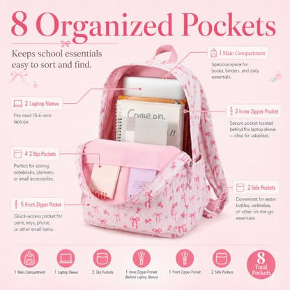 BTOOP School Backpacks for Teen Girls Bookbags Lightweight Kids Backpack School Bags Set with Lunch Box Pencil Case - color: Pink Bow-280