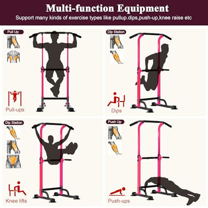 DlandHome Power Tower Pull Up Dip Station Multi-Function Fitness Equipment for Strength Training Adjustable Height Dip Stand for Home Gym - color: Pink