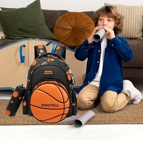 Boys' School Backpack with Lunch Box and Pencil Case - Ideal for Teens and Middle School Students, Orange Basketball - color: 08 Orange