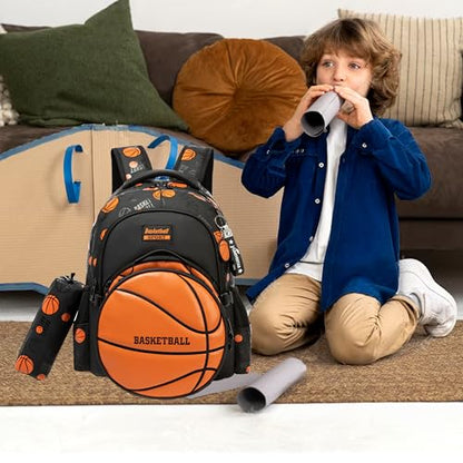 Boys' School Backpack with Lunch Box and Pencil Case - Ideal for Teens and Middle School Students, Orange Basketball - color: 08 Orange