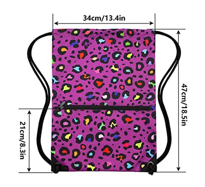 HOLYLUCK Drawstring Backpack Bag Sport Gym Sackpack - color: Colorful Purple Leopard