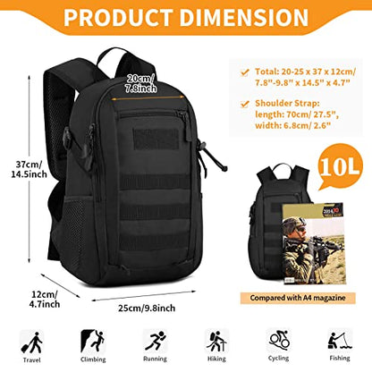 HUNTVP 10L Tactical Backpack Small Backpack Mini Daypack Military MOLLE Rucksack Gear Tactical Assault Pack Bag for Hunting Camping Trekking(10L-Black) - color: Black, size: 10L