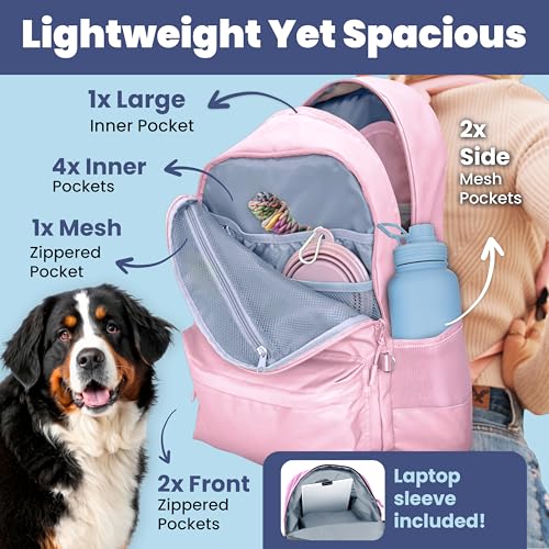 Dog Travel Bag for Supplies - Complete Dog Diaper Bag Backpack with 2 BPA-Free Travel Bowls, Treat Pouch, Food Container, Placemat & Laptop Sleeve – for Traveling, Road Trips, Hiking: Dusty Pink - color: Dusty Pink