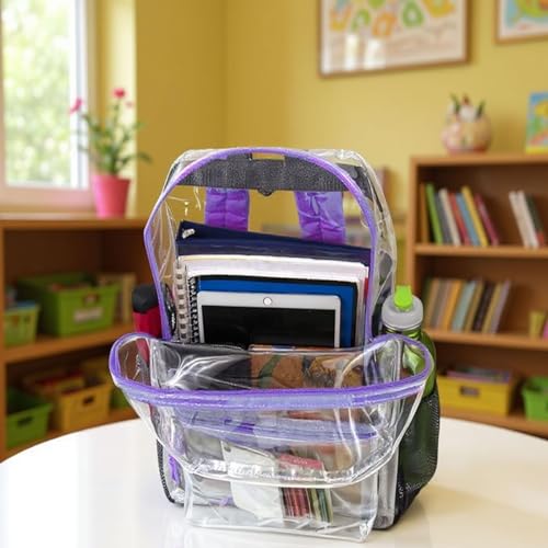 Trail maker Clear Backpack Heavy Duty with Padded Straps, Side Pockets for Kids, Boys, Girls, School, Stadium Approved Events - color: Purple