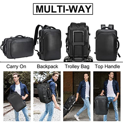 Masa Kawa Leather 15.6 Inch Laptop Backpack for Men Expandable 36L Business Travel Rucksack Daypack Weekender Bag - color: Black