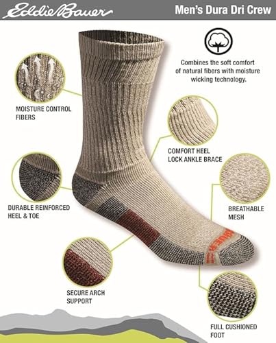 Eddie Bauer Men's Dura Dri Moisture Control Crew Socks (6 & 12 Packs) - color: Olive Assorted (6 Pairs)