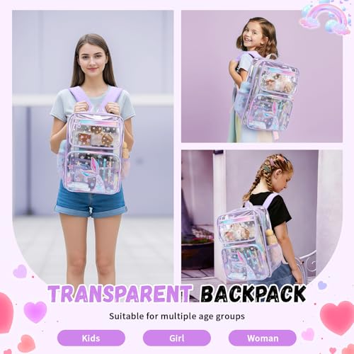 MOONBABY Clear Backpack for School Girls, Heavy Duty TPU Transparent Backpack Stadium Events Approved, Clear Bookbag - color: Purple Mermaid