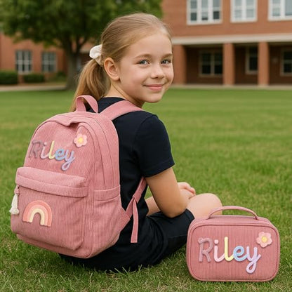Dyoart Personalized Kids Backpack and Lunchbag Toddler Back to School Kit Custom Name Lunchbox Bag Birthday Gift for Girls Boys Corduroy Toddler Backpack Kid Tote Bag Set