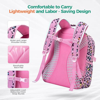 Choco Mocha Kids Backpack for Girls Cheetah Backpack Kids Elementary School Backpack for Girls Ages 6-8 Kid Bookbag 17 Inch with Chest Strap, Pink Purple - color: Cheetah Pink Purple