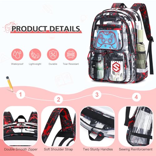 DIGOBAY 3PCS Cool Luminous Clear Backpack for Boys Kids, Gamer Clear Bookbag for School, See Through PVC Transparent Backpacks with Lunch Bag Pencil Case, Backpack Heavy Duty for School Stadium - color: Red Camo