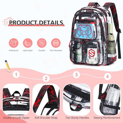 DIGOBAY 3PCS Cool Luminous Clear Backpack for Boys Kids, Gamer Clear Bookbag for School, See Through PVC Transparent Backpacks with Lunch Bag Pencil Case, Backpack Heavy Duty for School Stadium - color: Red Camo