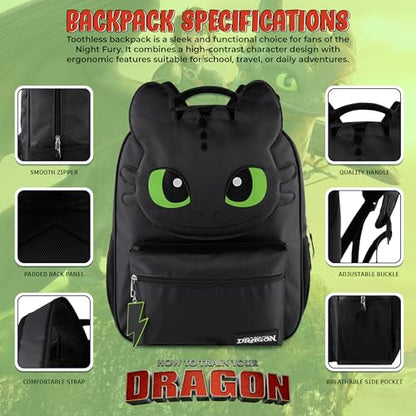 AI ACCESSORY INNOVATIONS How to Train Your Dragon Toothless Backpack, Black 16 Inch School Bag with 3D Face Applique, Green Eyes, Lightning Bolt Keychain, for Boys and Girls - style: Toothless