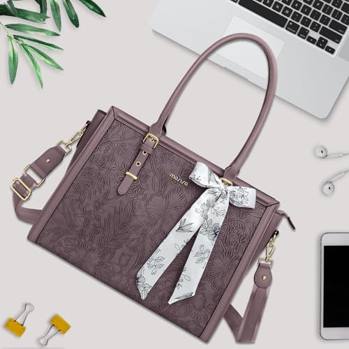 MOSISO Laptop Bag for Women, 15.6-16 inch PU Leather Tote Bag Compatible with MacBook, HP, Dell, Asus Notebook, Front Embossed Retro Hibiscus Computer Bags with Silk Scarf&Clutch Purse, Slate Purple - color: Slate Purple, size: 16 inch