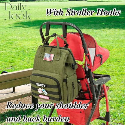 Diaper Bag Backpack for Dad and Mom with USB Charging Port Stroller Straps and Insulated Pocket,army military Travel Nappy Backpack for daddy mommy (Green) - color: Green
