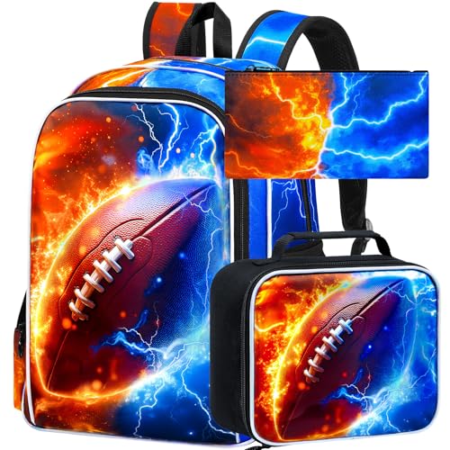 AGSDON 3PCS Rugby Backpack for Boys, 17" Kids Bookbag with Lunch Box for Boy, Flame Thunder Backpacks Water Resistant and Lightweight for Teen - color: Rugby
