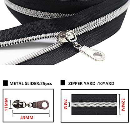 MebuZip #5 Silver Metallic Nylon Coil Zippers by The Yard Bulk Coil Zipper Roll 10 Yards with 25pcs Pulls for DIY Sewing Craft Bags (Black) - color: Silver Black